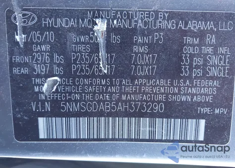 2010 Hyundai Santa Fe Gls from USA, damaged, VIN 5NMSGDAB5AH373290